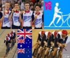 Pódium a sledovat výkon za cykloturistikou pánské 4000m týmy, Velká Británie, Austrálie a Nový Zéland - London 2012-