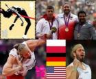 Záběr atletice mužů si pódium, Tomasz Majewski (Polsko), David Storl (Německo) a Reese Hoffa (Spojené státy) - London 2012-