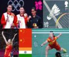 Ženská dvouhra Badminton pódium, Li Xuerui (Čína), Wang Yihan (Čína) a Saina Nehwal (Indie) - London 2012-