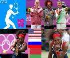 Ženské dvouhry tenis pódium, Serena Williamsová (Spojené státy), Maria Sharapova (Rusko) a Victoria Azarenková (Bělorusko) - London 2012-