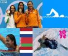 Pódium plavání 50 m žen freestyle, Marleen Veldhuis, Ranomi Kromowidjojo (Nizozemsko) a Aliaxandra Herasimenia (Bělorusko) (Nizozemsko) - London 2012-
