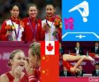 Pódium gymnastika v ženských trampolína, Rosannagh Maclennan (Kanada), Huang Shanshan a on Wenna (Čína) - London 2012-