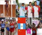 Pódium atletice mužů na 20 kilometrů pěšky, Ding Chen (Čína), Erick Barrondo (Guatemala) a Wang Zhen (Čína) - London 2012-