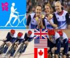 Pódium a sledovat výkon za cykloturistikou žen 4000m týmy, Velká Británie, Spojené státy a Kanada - London 2012-