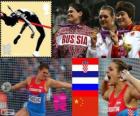 Pódium atletika ženy hodu, Sandra Perković (Chorvatsko), Darjo Pishchalnikova (Rusko) a Li Yanfeng (Čína), London 2012