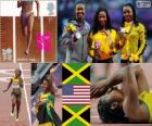Pódium atletika 100 m ženy, Shelly-Ann Fraser-Pryce (Jamajka), Carmelita Jeter (Spojené státy) a Veronica Campbellová-Brownová (Jamajka), London 2012