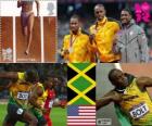 Pódium atletika 100 m muži, Usain Bolt, Yohan Blake (Jamajka) a Justin Gatlin (Spojené státy), London 2012