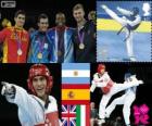 Pódium Taekwondo -80 kg muži, Sebastián Crismanich (Argentina), Nicolás García Hemme (Španělsko), Lutalo Muhammad (Velká Británie) a Mauro Sarmiento (Itálie), Londýn 2012