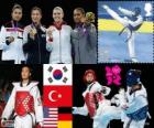 Pódium Taekwondo žen -67 kg, Hwang Kyung-Seon (Jižní Korea), Nur Tatar (Turecko), Paige McPherson (Spojené státy) a Helena Fromm (Německo), Londýn 2012