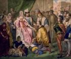 Kryštof Kolumbus mluvit s královnou Isabel já Kastilie, na dvoře Ferdinanda a Isabella