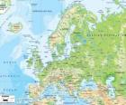 Mapa Evropy. Evropský kontinent se prodlužuje přes Rusko do pohoří Ural
