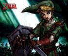 Link s mečem a štítem v dobrodružství The Legend of Zelda videohry