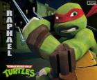 Raphael, agresivnější ninja želvy s jeho zbraní v ruce, pár Sai, trojí dýku
