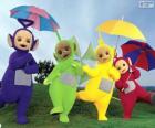 Čtyři Teletubbies s deštníky otevřené