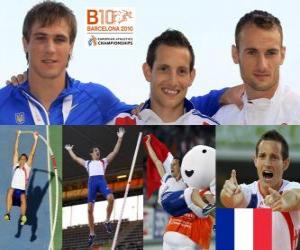 Puzle Renaud Lavillenie tyči šampion, a Przemysław Masuryk Maxym Czerwiński (2. a 3.) z Mistrovství Evropy v atletice Barcelona 2010