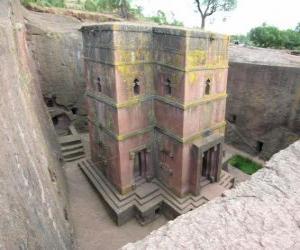 Puzle Rock vytesán církve Lalibela v Etiopii.