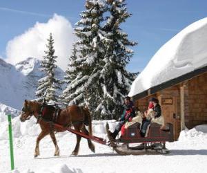 Puzle Rodiny v saních tažených koněm na Vánoce