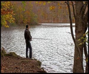 Puzle Rybolov - Rybář na řece akci v lesnaté krajině