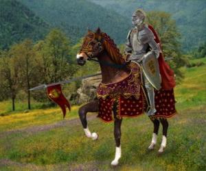 Puzle Rytíř s helmu a brnění a s oštěpem připraven, nasedl na svého koně