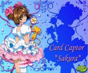 Puzle Sakura, karta únosce s jedním z jejích šatů vedle Kero