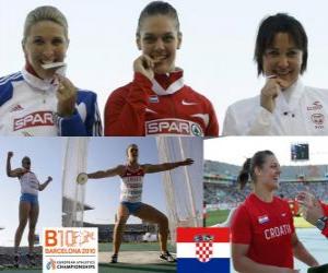 Puzle Sandra Perkovic šampión v hodu diskem, a Joanna Wiśniewska Nicoleta Grasu (2. a 3.) z Mistrovství Evropy v atletice Barcelona 2010