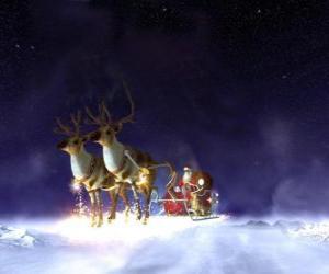 Puzle Santa Claus létání na své vánoční saních tažených soby magické
