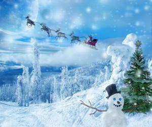 Puzle Santa Claus mával z magické saně naložené s vánoční dárky