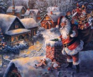 Puzle Santa Claus na střeše domu vedle komína