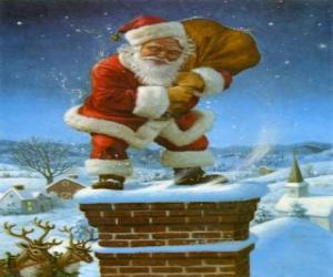 Puzle Santa Claus přichází s komínem naložený s mnoha dárky