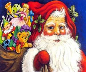 Puzle Santa Claus s velkou tašku plnou hraček, aby se děti o Vánocích