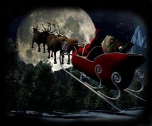 Puzle Santa Claus v jeho kouzlo saních tažených soby v noci pod vánoční