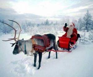 Puzle Santa Claus v jeho magické létající saních tažených soby Vánoce
