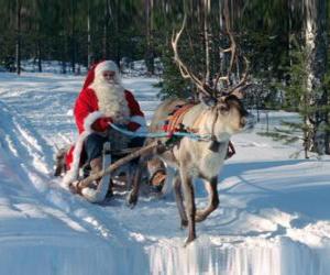 Puzle Santa Claus v jeho saních se soby na sněhu