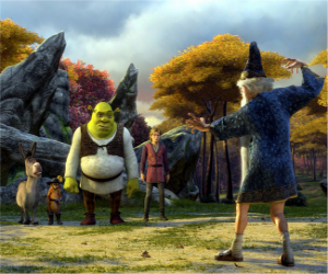 Puzle Shrek, zlobr se svými přáteli osel, Kocour v botách a Arthur, Merlin pozoroval