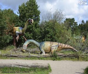 Puzle Skupina tří dinosaurů v krajině