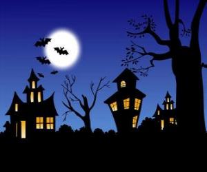 Puzle Strašidelný dům na Halloween - Full Moon, netopýři