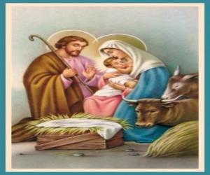 Puzle Svatá rodina - Josefa, Marie a malého Ježíška v jesličkách se vola a mezek