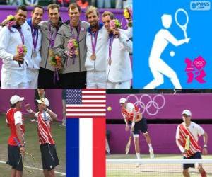 Puzle Tenis muži Čtyřhra pódium dvojí muž, Bob Bryan a Mike Bryan (Spojené státy), Michael Llodra, Jo-Wilfried Tsonga a Julien Benneteau, Richard Gasquet (Francie) - London 2012-
