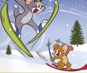 Puzle Tom a Jerry ve sněhu s lyžemi