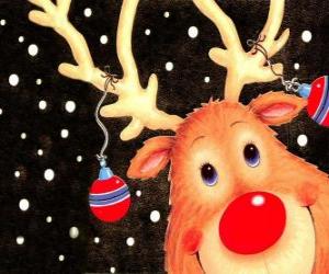 Puzle Vedoucí Rudolf, červený nos soba, zdobené vánoční ozdoby
