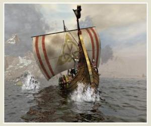Puzle Vikingské lodi nebo longship plout oteklé větrem