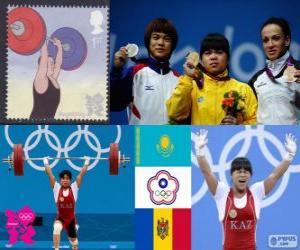 Puzle Vzpírání 53 kg ženy pódium, Zulfiya Chinshanlo (Kazachstán), Hsu Šu-ťing (čínská Taipei) a Cristina Iovu a Cristina Iovu (Moldavsko) - London 2012-
