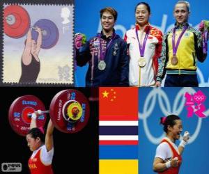 Puzle Vzpírání ženy 58 kg pódium, Li Xueying (Čína), Pimsiri Sirikaew (Thajsko) a Julie Kalina (Ukrajina) - London 2012-