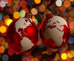 Puzle Vánoční koule zdobená mapa světa