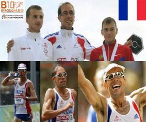 Puzle Yohann Diniz 50 km chůze šampion, a Sergey Bakulin Grzegorz Sudol (2. a 3.) z Mistrovství Evropy v atletice Barcelona 2010