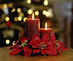 Puzle Zapálené svíčky jako vrchol ozdobený květy vánoční