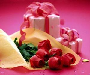 Puzle Červená růže a dárek pro Valentýna