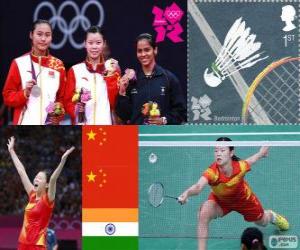 Puzle Ženská dvouhra Badminton pódium, Li Xuerui (Čína), Wang Yihan (Čína) a Saina Nehwal (Indie) - London 2012-