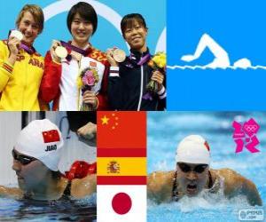 Puzle Ženy 200 m motýlek plavání pódium, Jiao Liuyang (Čína), Mireia Belmonte (Španělsko) a Natsumi Koshi (Japonsko) - London 2012-
