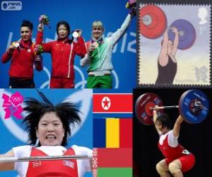 Puzle Ženy 69 kg vzpírání pódium, Rim Čong-Sim (Severní Korea), Roxana Cocoş (Rumunsko) a Maryna Shkermankova (Bilorrusia) - London 2012-